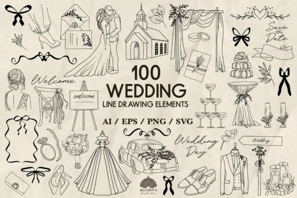 Download Wedding SVG Bundle, Line Drawing Set - Draw Collection