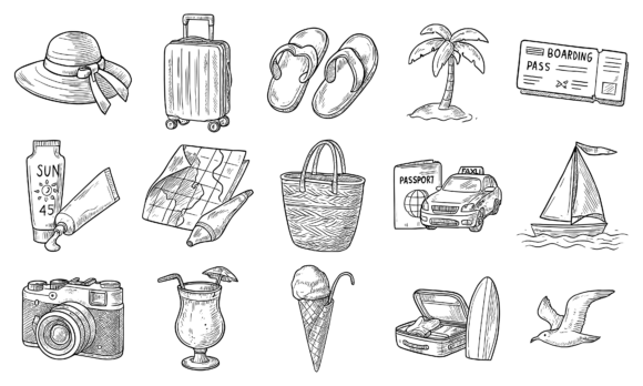Download HandDrawn Tropical Travel Icon Set - Draw Collection